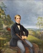 Anne MJ Dodsley (British exh.1872): Portrait of a Victorian Gentleman Seated with Sporting Gun