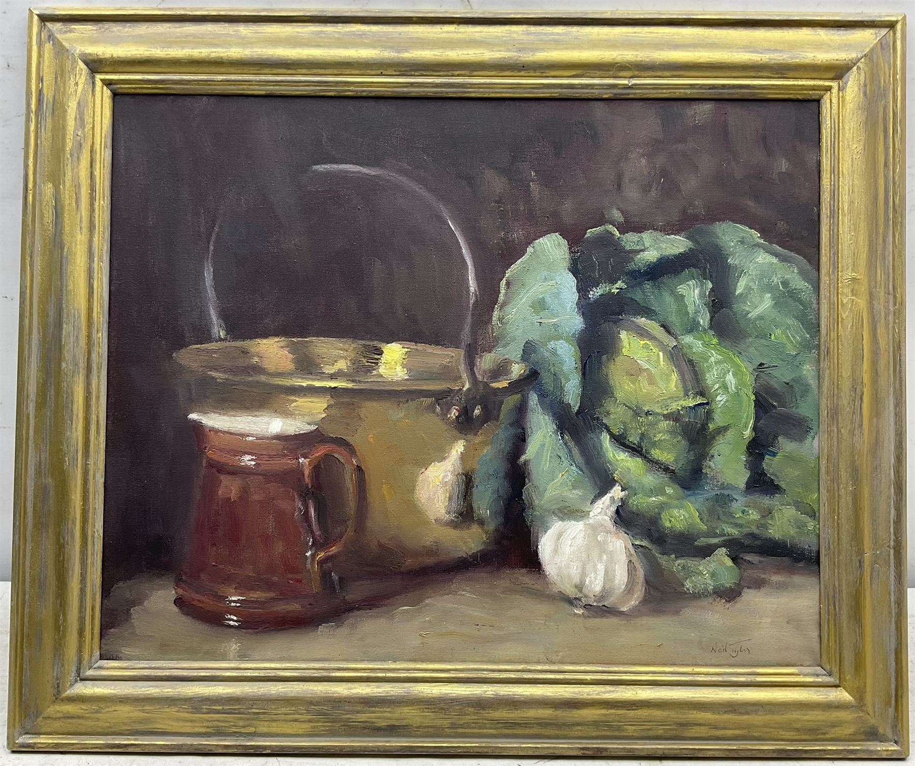 Neil Tyler (British 1945-): Still Life - 'Brass Pan Cabbage and Garlic' - Image 2 of 4