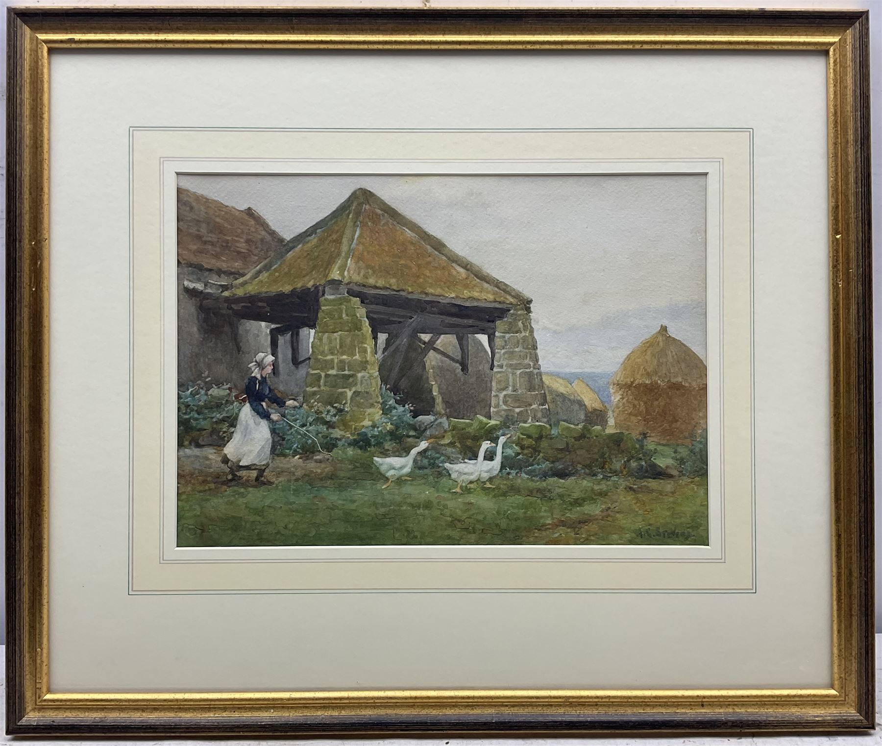 Albert George Stevens (Staithes Group 1863-1925): Young Girl Chasing Geese at Goldsborough near Whit - Image 2 of 4