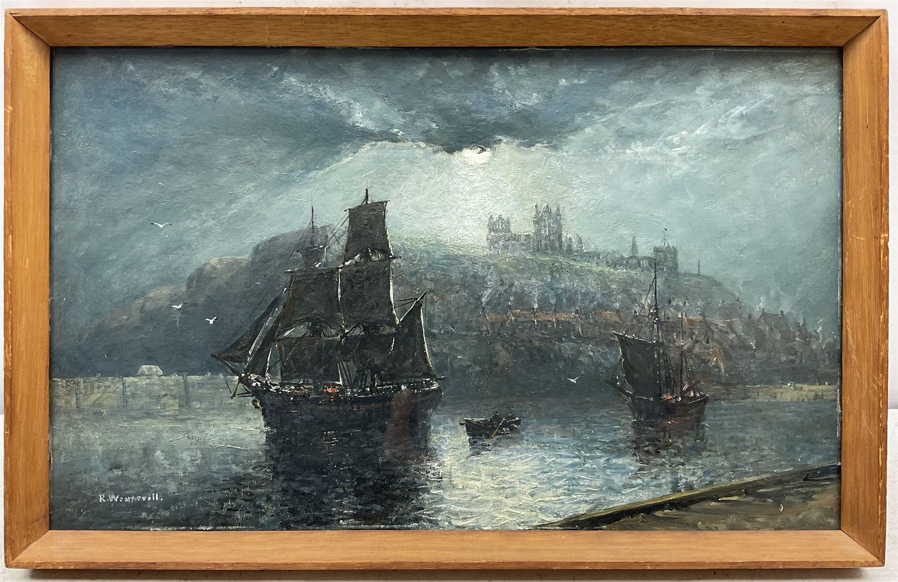 Richard Weatherill (British 1844-1913): Ships leaving Whitby Harbour by Moonlight - Image 2 of 4