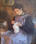 Sir Hubert Von Herkomer RA RWS CVO (British 1849-1914): 'In the Nursery' - Girl Sewing by the Firesi