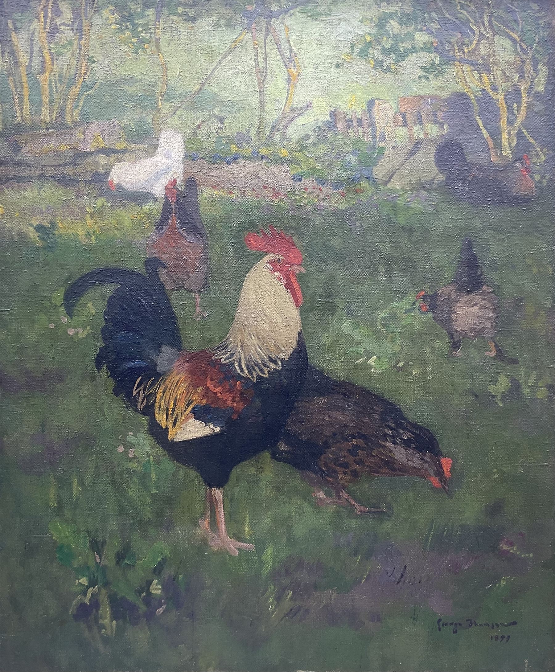 George Thompson (British late 19th century): Chickens Pecking in the Woods