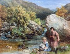 James John Hill RBA (British 1811-1882): 'Feeding Ducks - The Lyn North Devon'