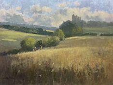 William Burns (British 1923-2010): 'Summer Meadows with Bolsover Castle Derbyshire in the Distance'