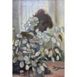 Olive Bagshaw (Northern British fl.1965-1978): Lady Reading behind a Jug of Dried Honesty