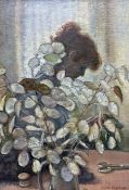 Olive Bagshaw (Northern British fl.1965-1978): Lady Reading behind a Jug of Dried Honesty