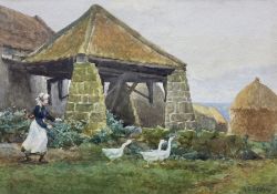 Albert George Stevens (Staithes Group 1863-1925): Young Girl Chasing Geese at Goldsborough near Whit