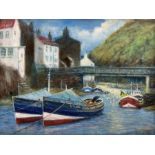 Jack Rigg (British 1927-): Cobles Moored in Staithes Beck