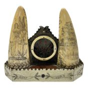 19th century scrimshaw pocket watch stand with two sperm whales teeth and central baleen watch holde