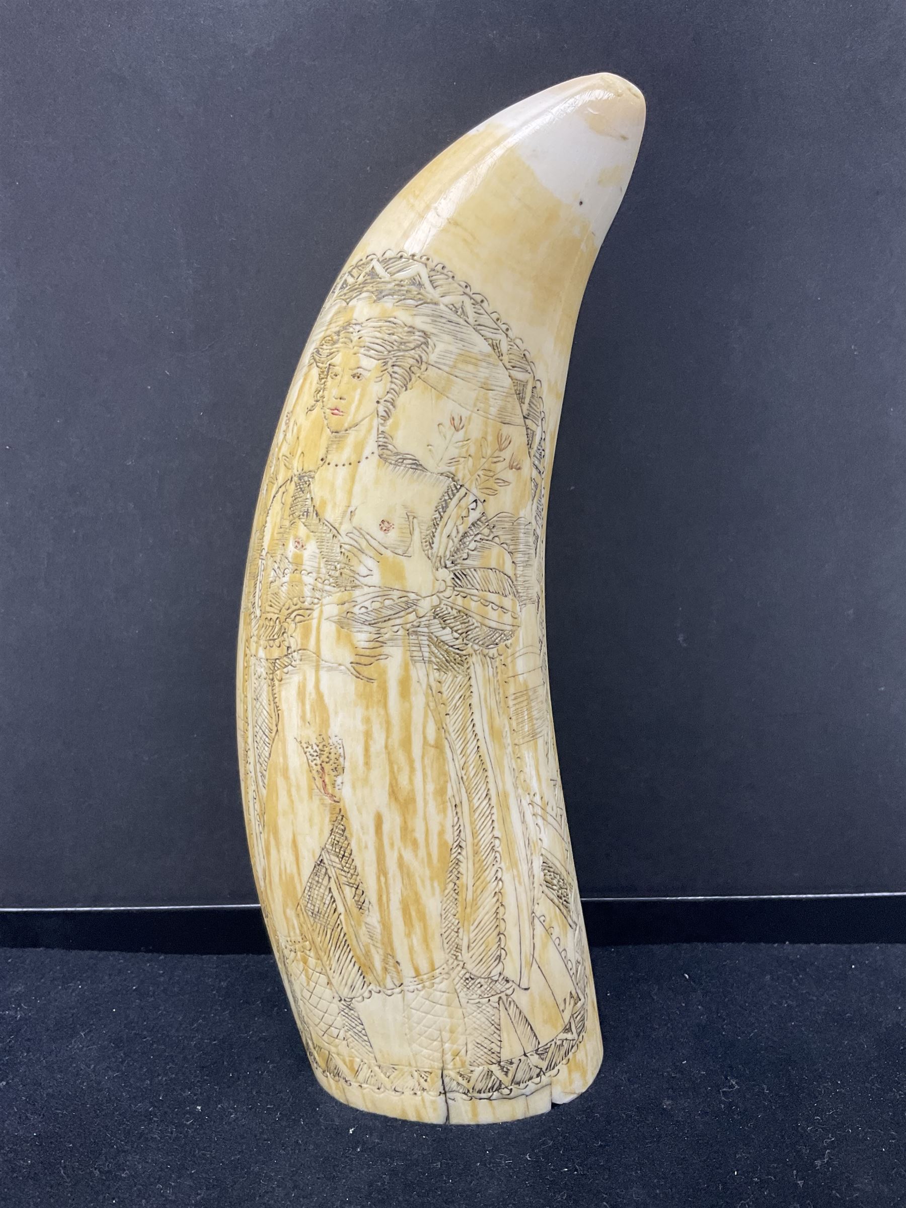 19th century scrimshaw sperm whale tooth from the whaler 'Dove' initialled J.A - Image 2 of 14