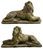 Pair of good quality grand weathered cast stone recumbent lions on rectangular plinth bases