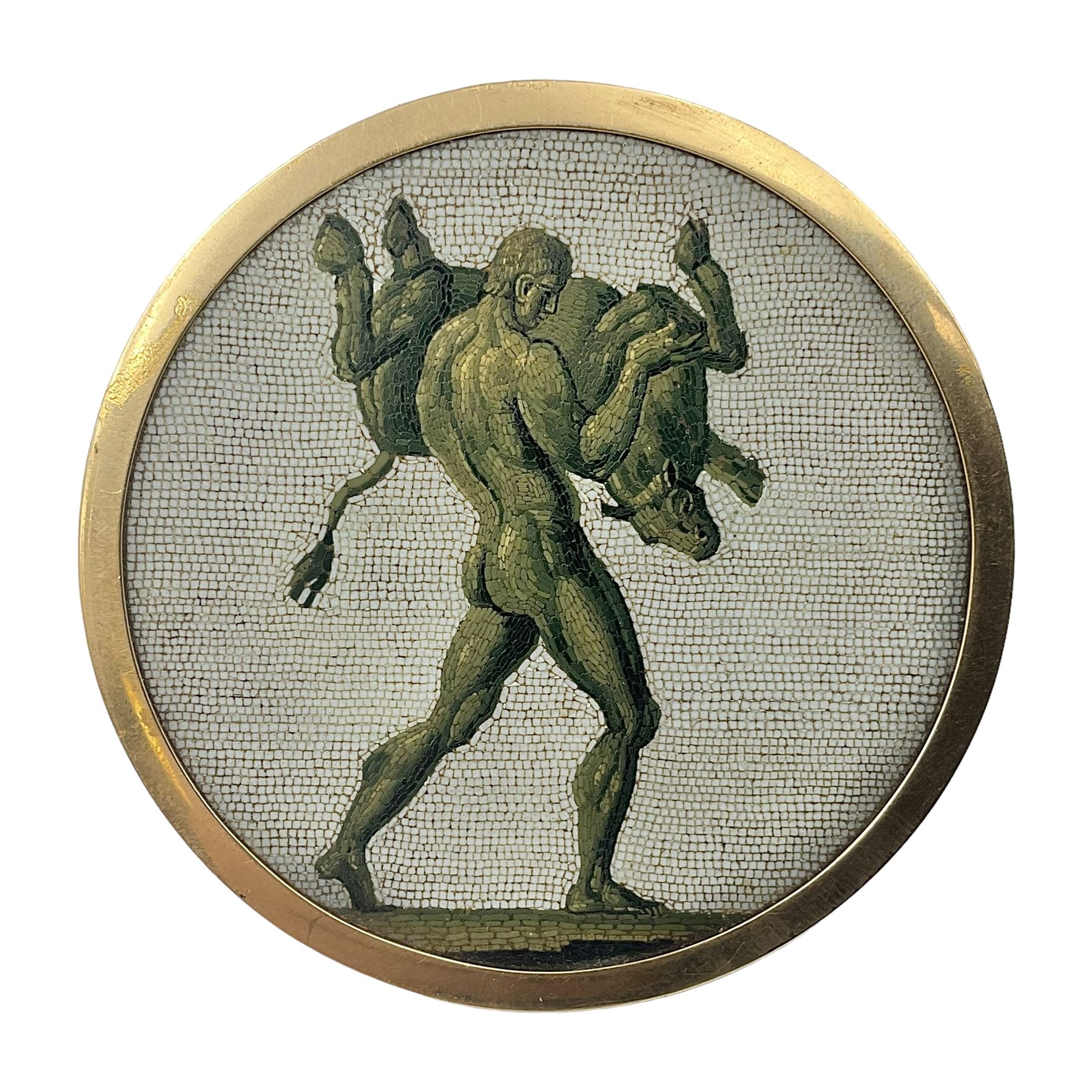 19th Century Italian micro mosaic plaque depicting Heracles capturing the Cretan bull