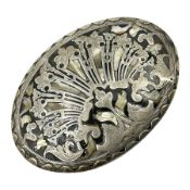 18th century silver plated oval snuff box with tortoiseshell lid inlaid with silver and mother of pe