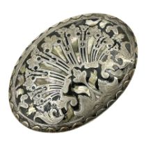 18th century silver plated oval snuff box with tortoiseshell lid inlaid with silver and mother of pe