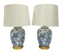 Pair of Chinese porcelain blue and white lamps in the form of ginger jars and covers