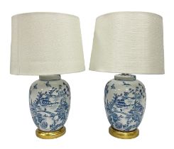 Pair of Chinese porcelain blue and white lamps in the form of ginger jars and covers