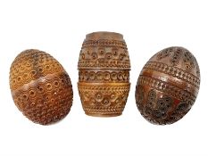 Three 19th century coquilla nut pomanders or flea catchers