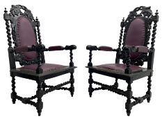Pair of Victorian Carolean design open armchairs
