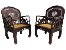 Pair of late 19th century Chinese hardwood armchairs