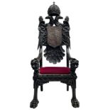 Grand mid-to-late 19th century heavily carved beech framed throne chair