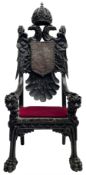 Grand mid-to-late 19th century heavily carved beech framed throne chair