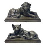 Pair of bronze figures of a lion and a lioness