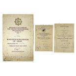 Three German documents dated 1942 - Gold Cross award to Major Ludwig Osterkampf; and Crete wound cer