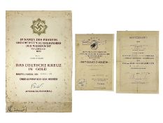 Three German documents dated 1942 - Gold Cross award to Major Ludwig Osterkampf; and Crete wound cer
