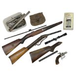 Assorted rifle and pistol spares; early Gem air rifle with sawn off barrel (piece present); telescop