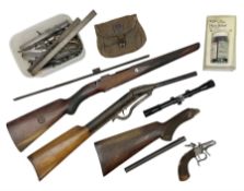 Assorted rifle and pistol spares; early Gem air rifle with sawn off barrel (piece present); telescop