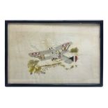 WW1 French embroidered silk picture of a British bi-plane in flight over fields firing its gun 25 x