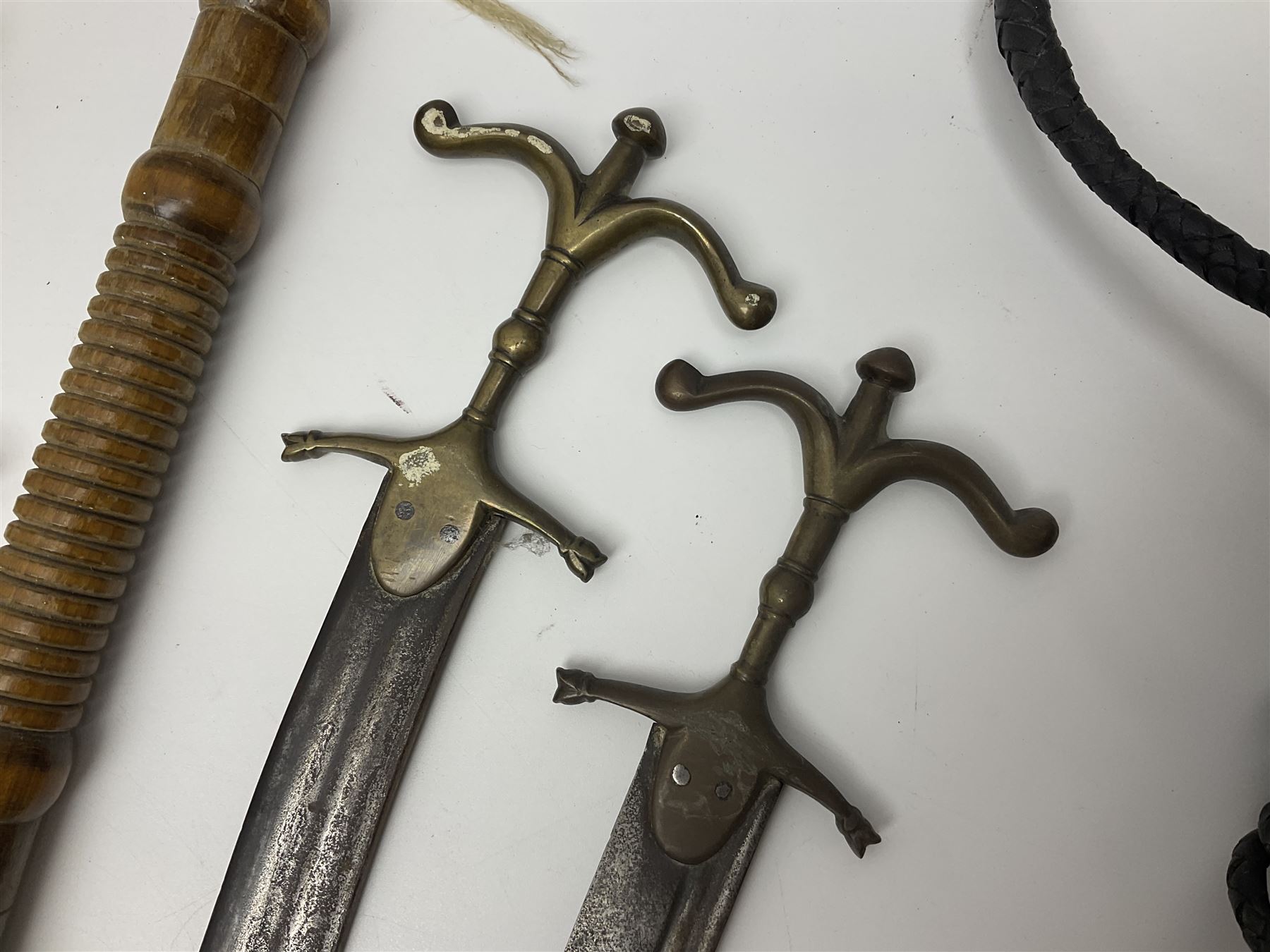 Near pair of short swords each with slightly curving 41cm fullered steel blade and all brass H-shape - Image 13 of 19