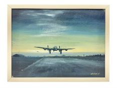 John Larder (20th century) - study of Lancaster bombers landing on a runway at dusk