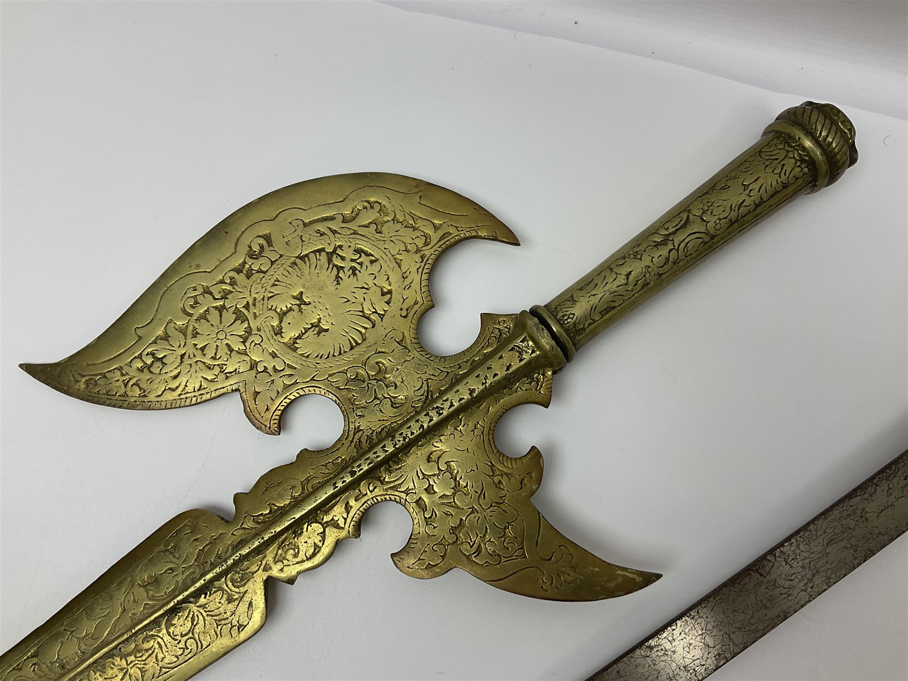 Near pair of short swords each with slightly curving 41cm fullered steel blade and all brass H-shape - Image 2 of 19