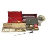 Assorted gun cleaning equipment including .303 brass oil bottle and boxed Webley Cleaning Kit etc; t