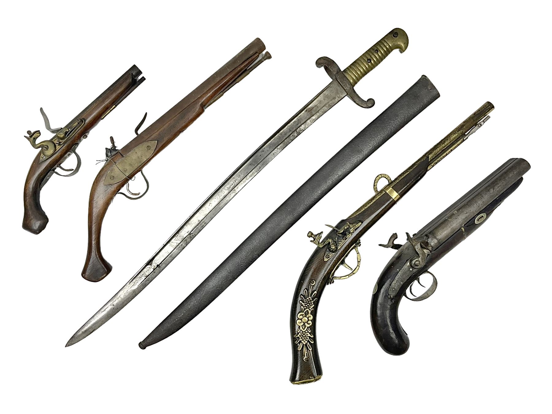 French model 1842 sabre bayonet with 57cm fullered steel blade and steel scabbard L70.5cm overall; 1