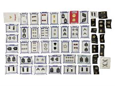 Fifty US rank badges and trade badges; WW2 and Vietnam period; predominantly on sale cards