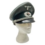 WW2 German Infantry Officer's visor cap with cloth insignia; labelled and stamped Offizier Kleiderka