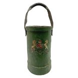 Green painted canvas covered ammunition carrier with Royal Coat of Arms and leather swing handle; pr
