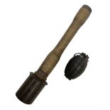 WW1 practice Mills bomb stamped 'A.L. & Co 1917 No.23 Mk.II' H10cm; and reproduction WW2 German stic