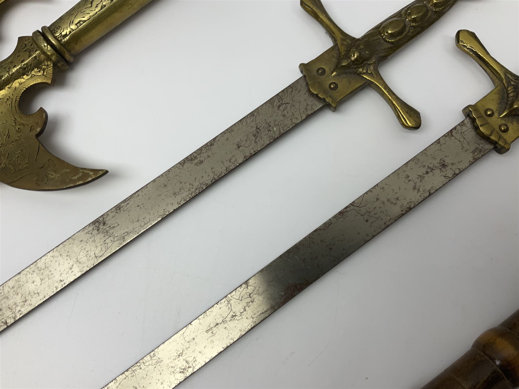 Near pair of short swords each with slightly curving 41cm fullered steel blade and all brass H-shape - Image 5 of 19