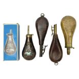 Two brass mounted leather shot flasks with thumb action nozzles; Dixon & Son Improved patent plain c