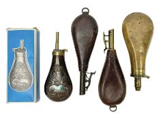 Two brass mounted leather shot flasks with thumb action nozzles; Dixon & Son Improved patent plain c