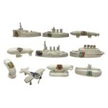 Ten WW1 crested china military models comprising submarine