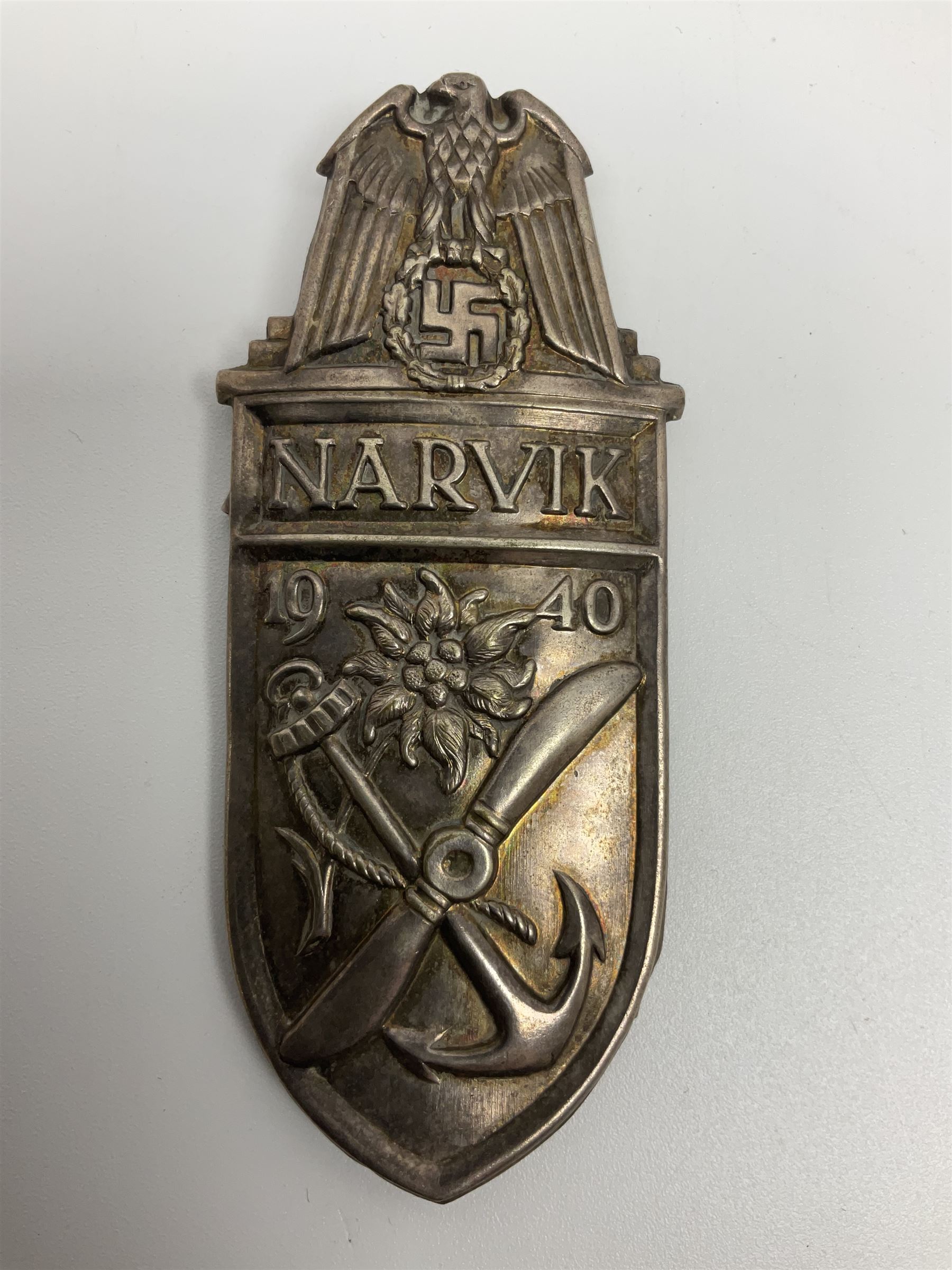 Two German Arm-Shield badges - one Russian Front marked Demjansk 1942; the other marked Narvik 1940 - Image 2 of 5