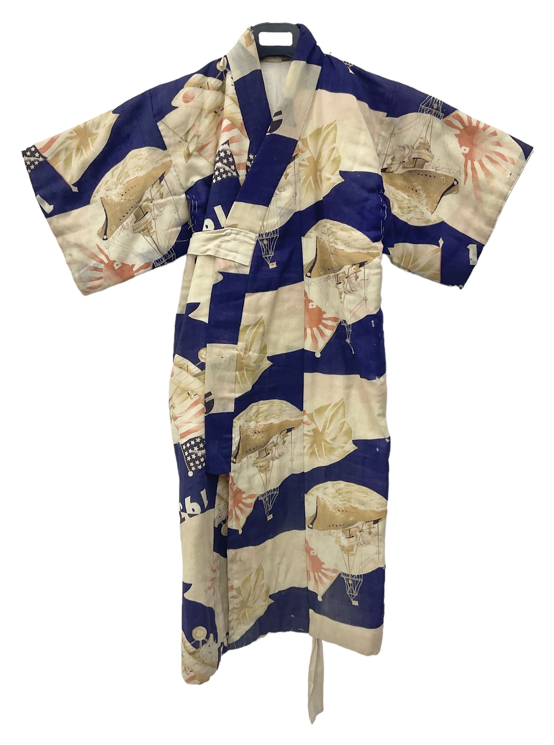 1930s Japanese fully lined kimono decorated with Japanese naval vessels and bi-planes