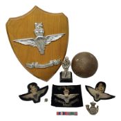 Parachute regiment - chrome crest on oak easel shield; three cloth badges; small silver plated figur
