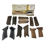 Six pairs of revolver grips; pair of Lightwood & Son Ltd powder/shot measures in original box; and