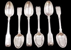 Set of six George IV York silver Fiddle Shell pattern teaspoons