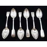Set of six George IV York silver Fiddle pattern teaspoons